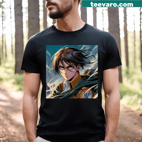 Bold illustration of Eren in a dynamic pose from the series.