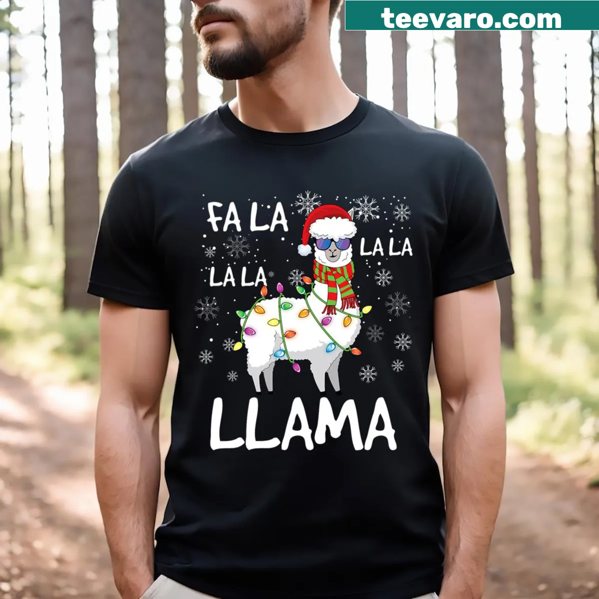Funny Christmas T-shirt with a llama graphic and festive text — on a men's t-shirt