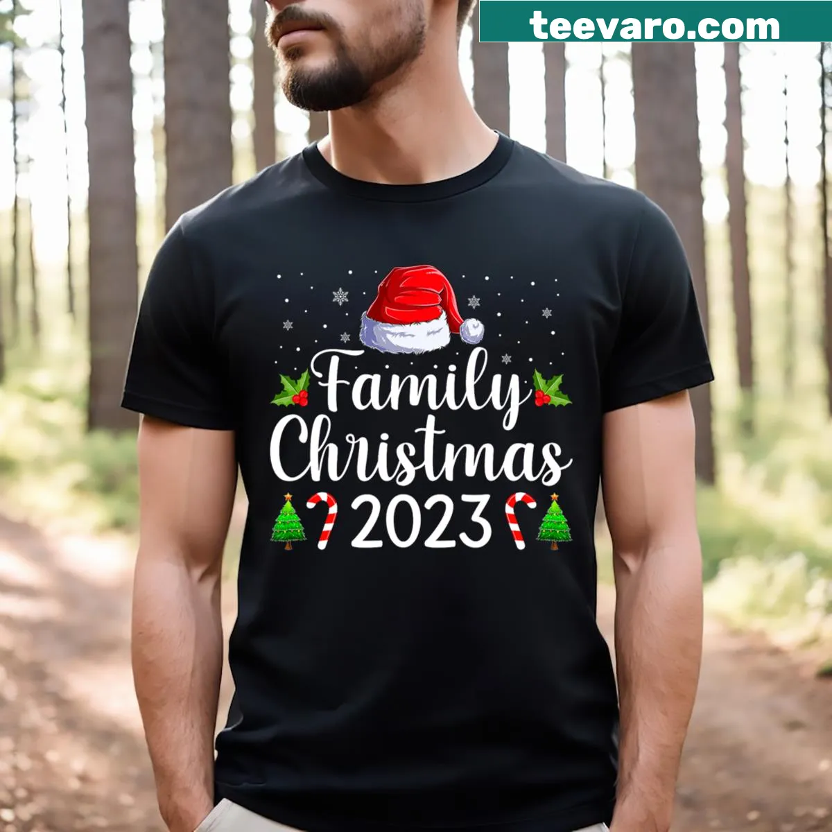 Matching family Christmas 2023 pajama T-shirt for men and kids — on a men's t-shirt