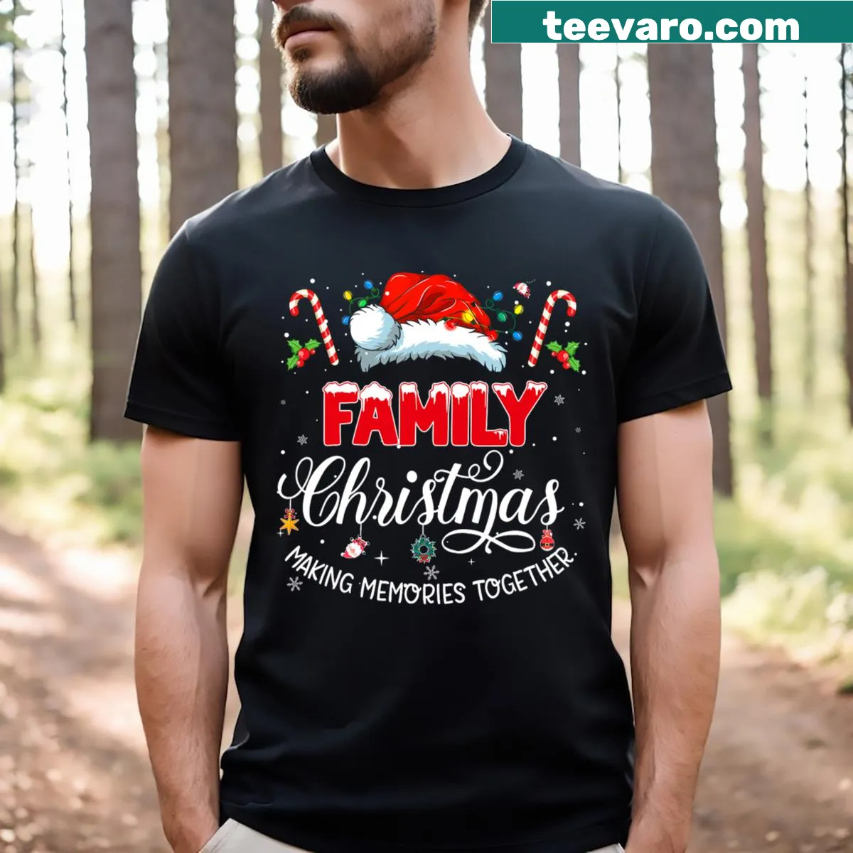 Typography Christmas T-shirt emphasizing family and memories together — on a men's t-shirt