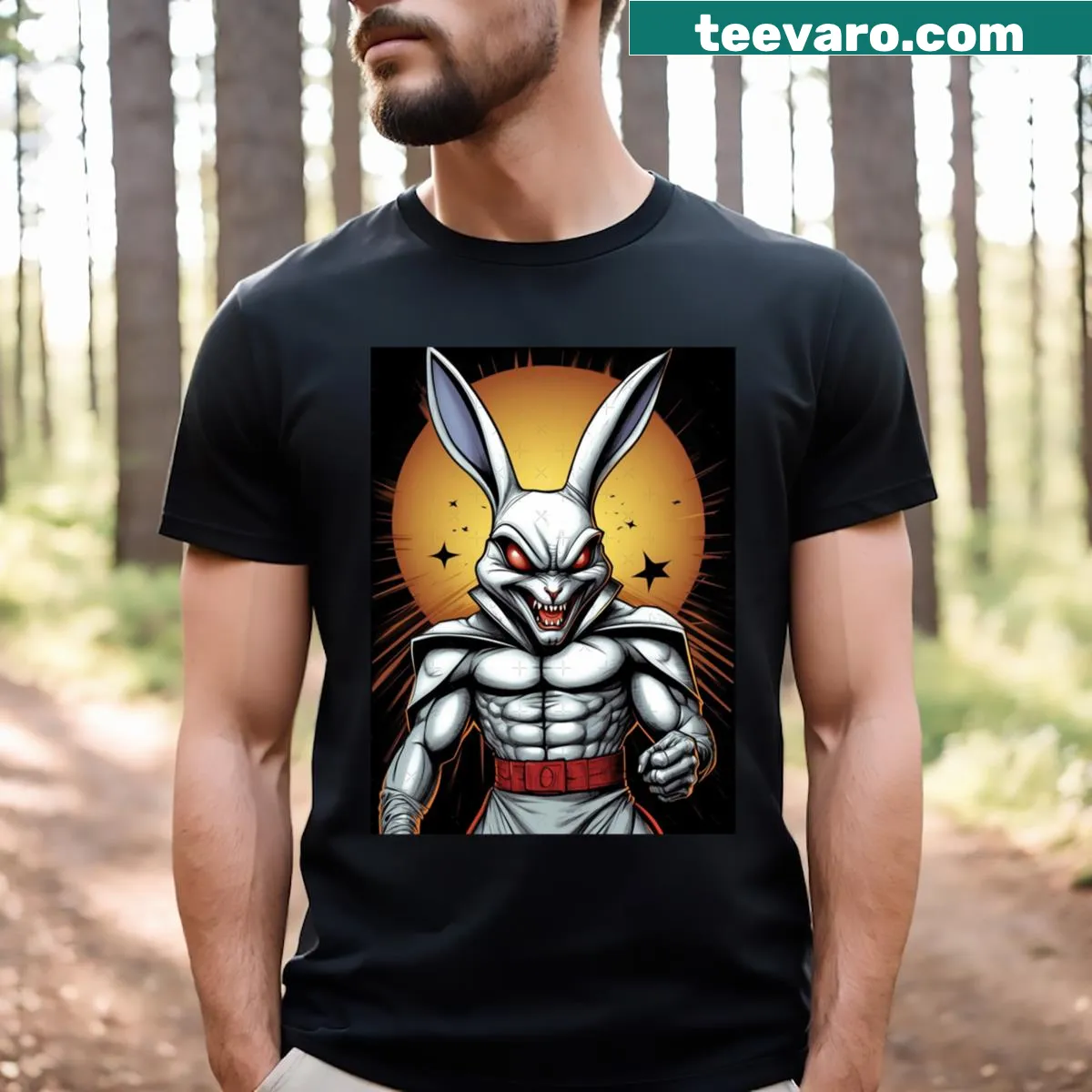 Comic style illustration of a fierce rabbit warrior on a T-shirt — on a men's t-shirt