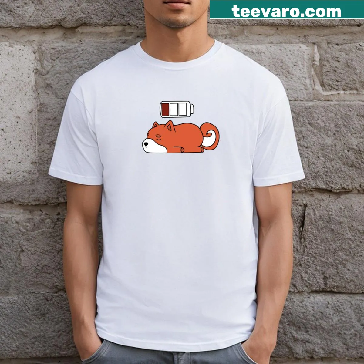 Charming fox illustration on a recharging-themed t-shirt — on a men's t-shirt