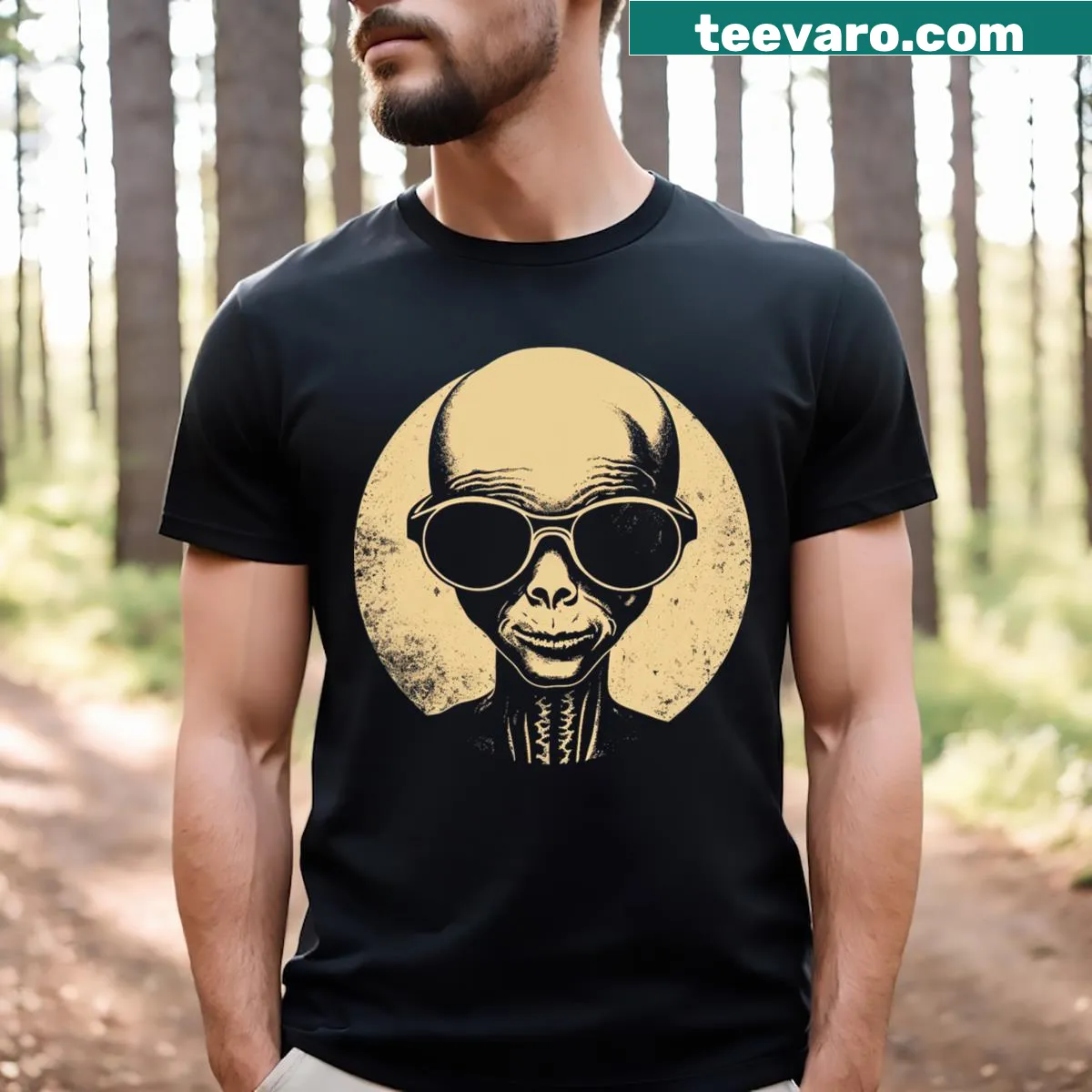 Cartoon alien graphic on a humorous t-shirt — on a men's t-shirt