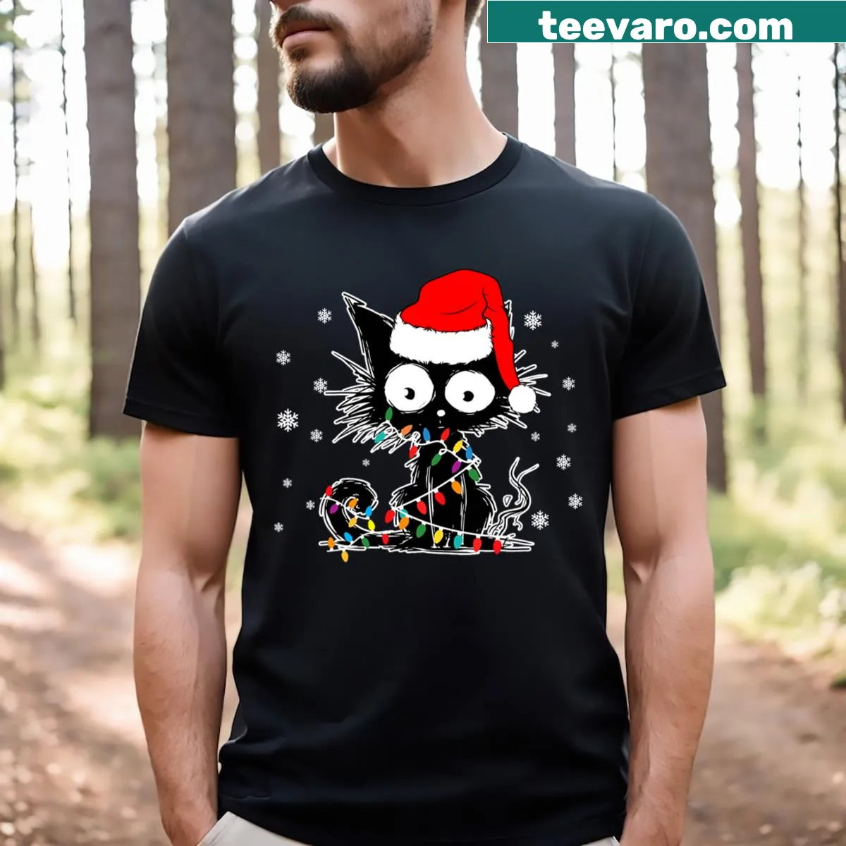 Funny black cat with Christmas lights and a Santa hat on a T-shirt — on a men's t-shirt