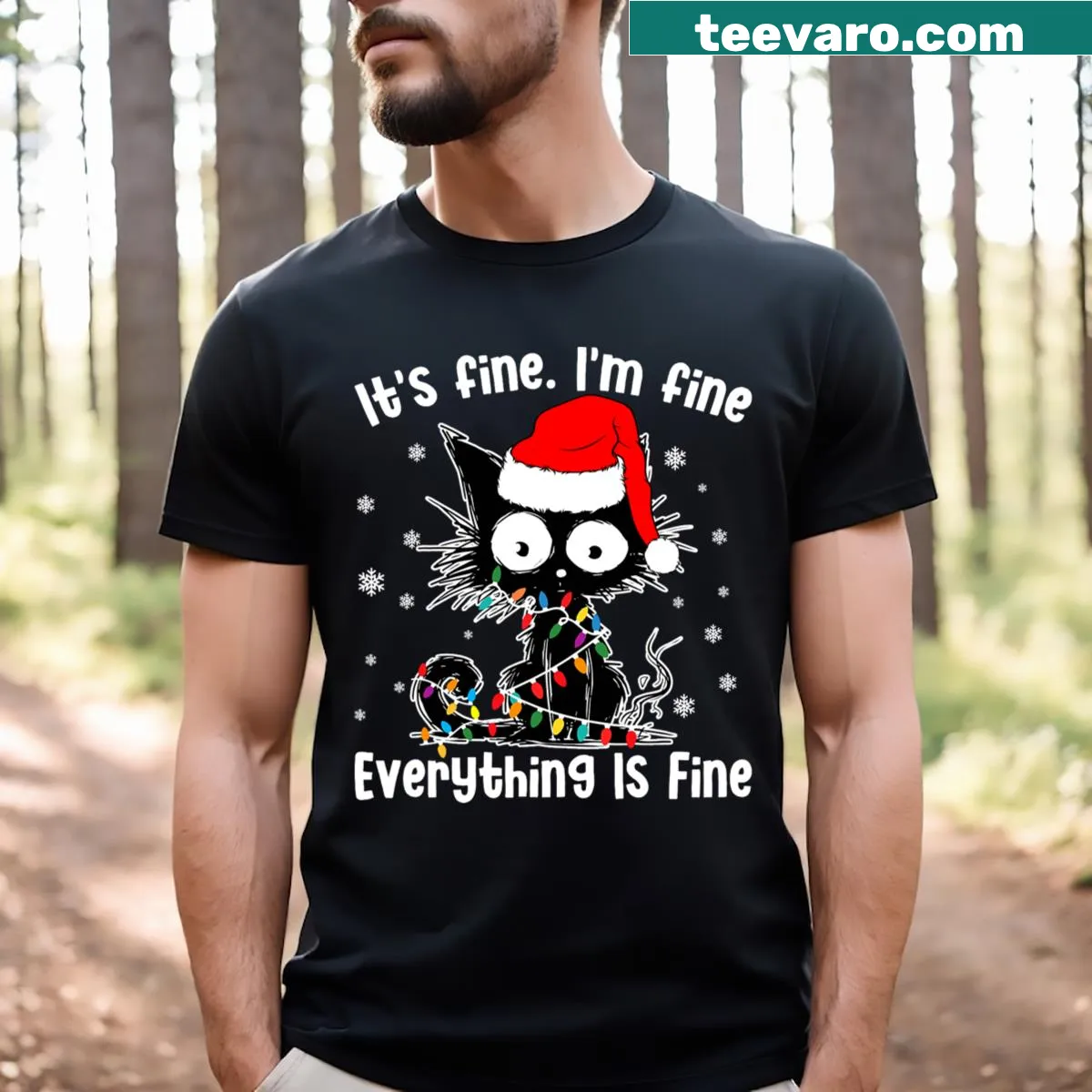 Funny Christmas T-shirt with humorous cat-themed text — on a men's t-shirt