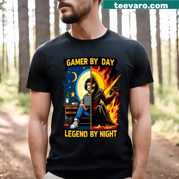 Proud gamer t-shirt with the phrase 'Gamer By Day Legend By Night'