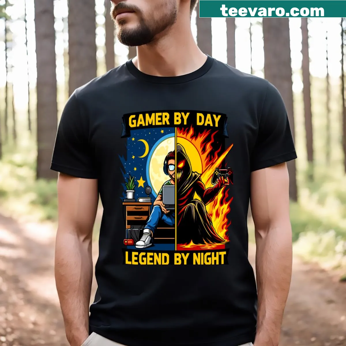 Proud gamer t-shirt with the phrase 'Gamer By Day Legend By Night' — on a men's t-shirt