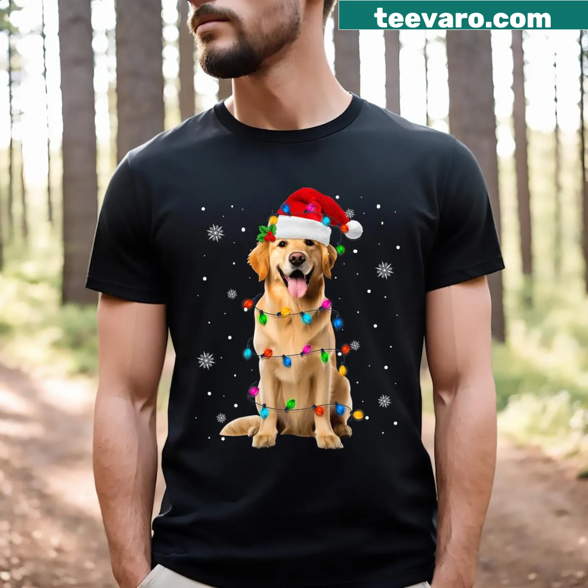 T-shirt featuring golden retriever in Santa hat with Christmas lights — on a men's t-shirt
