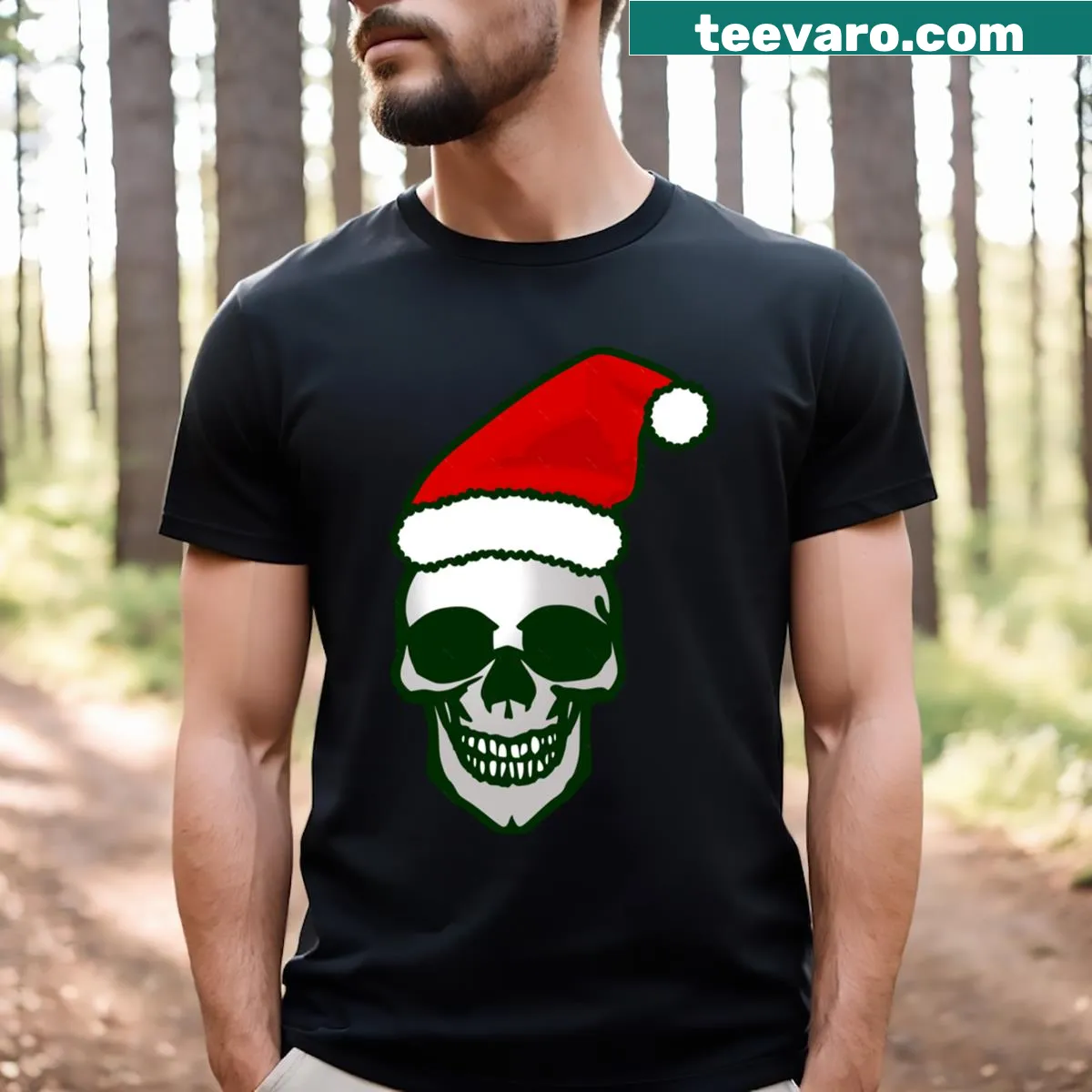 Gothmas t-shirt featuring a skull in a Santa hat — on a men's t-shirt