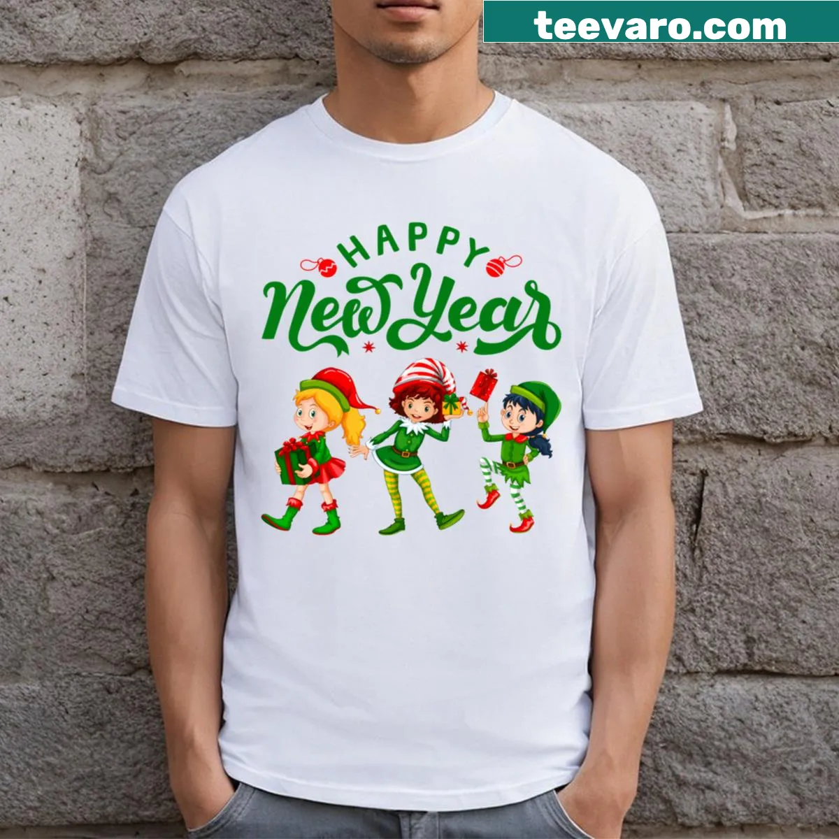 Joyful New Year T-shirt featuring a celebratory message. — on a men's t-shirt