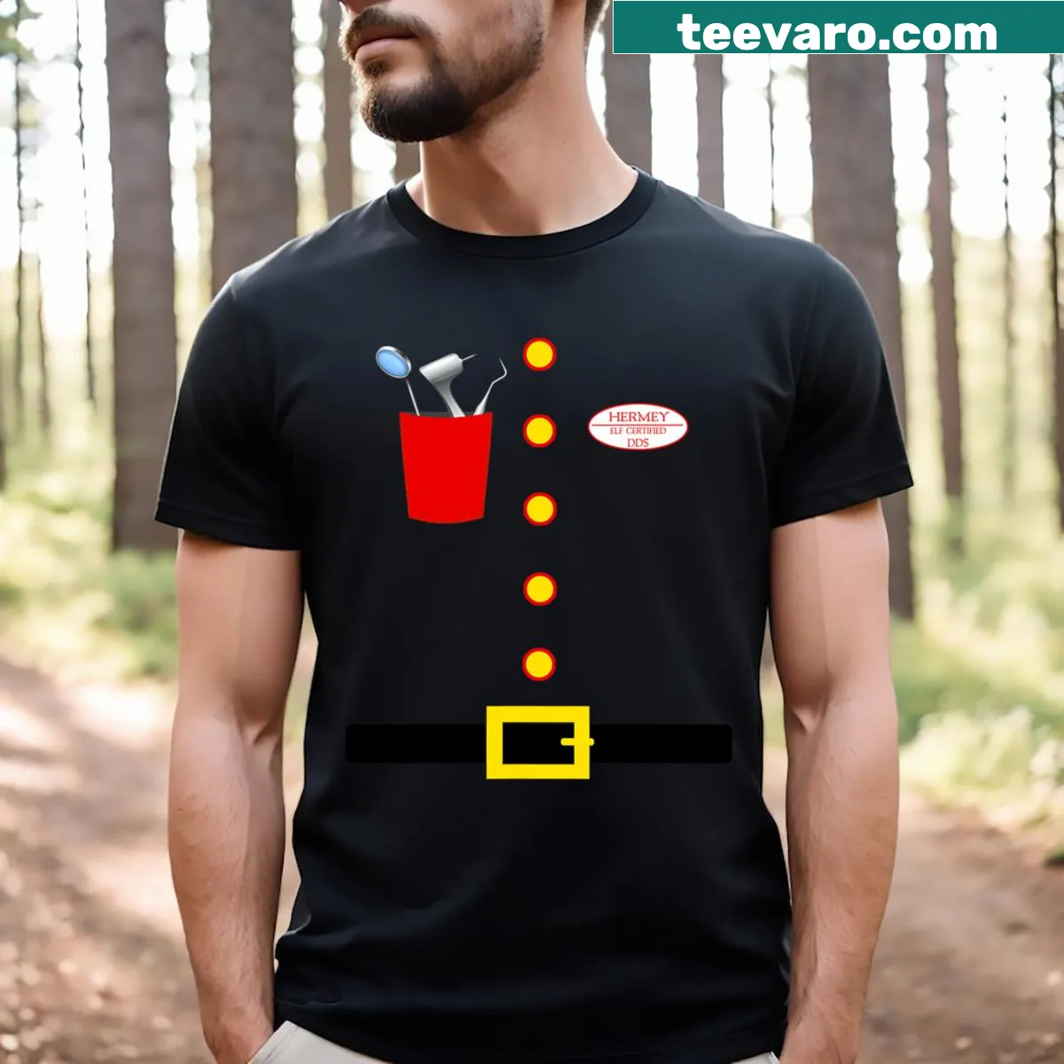 Cartoon Hermey the Elf in dentist costume for Christmas — on a men's t-shirt