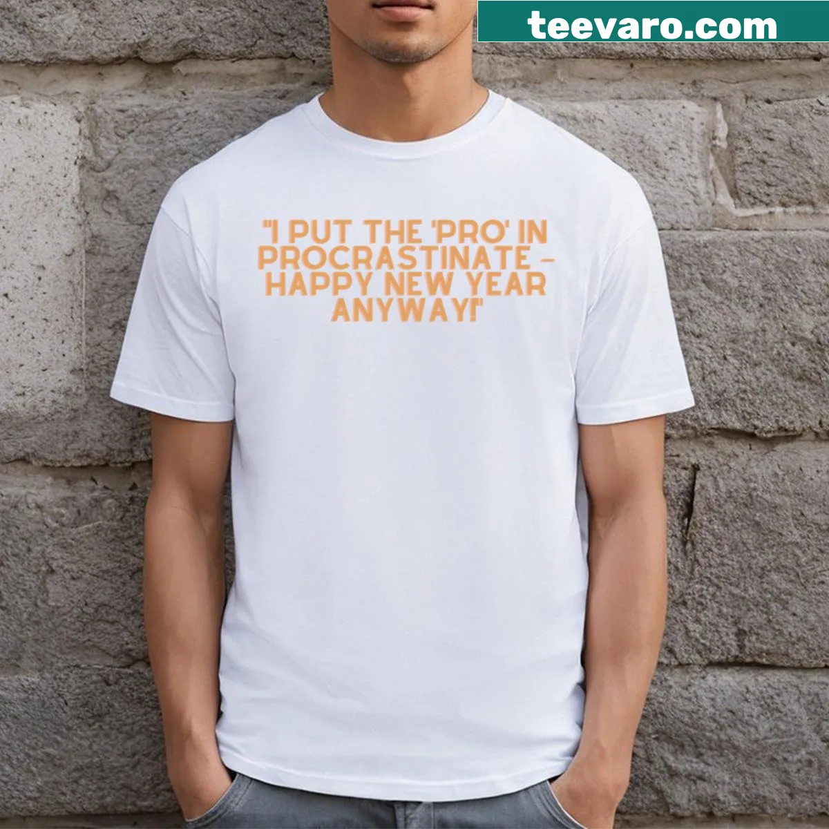 Funny New Year tee with 'Pro in Procrastinate' text — on a men's t-shirt
