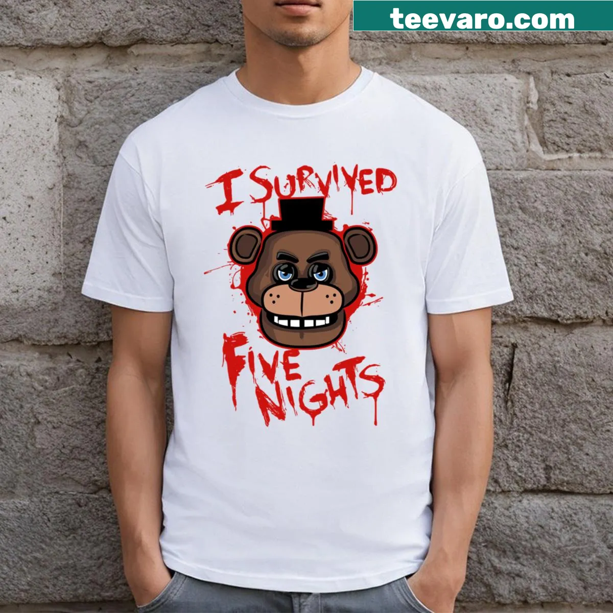Playful gaming T-shirt celebrating survival at Five Nights At Freddy's — on a men's t-shirt