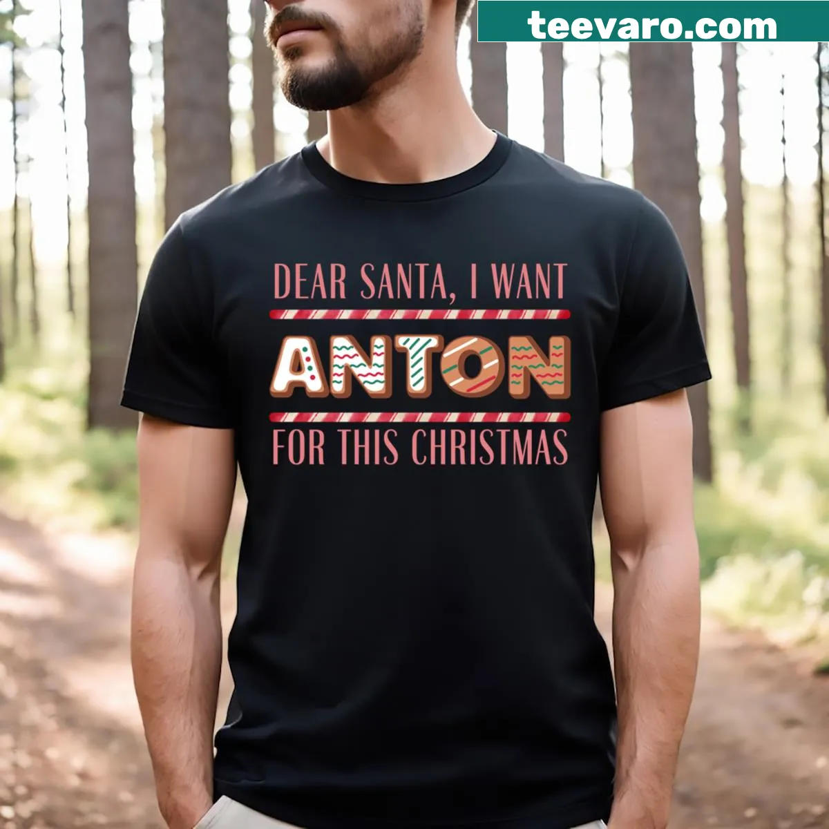Christmas T-shirt with humorous 'I Want Anton' phrase — on a men's t-shirt