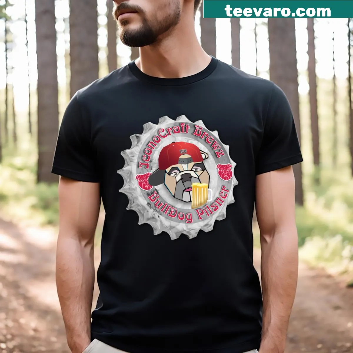 Vintage-style Icb Pilsner bottle cap graphic T-shirt — on a men's t-shirt