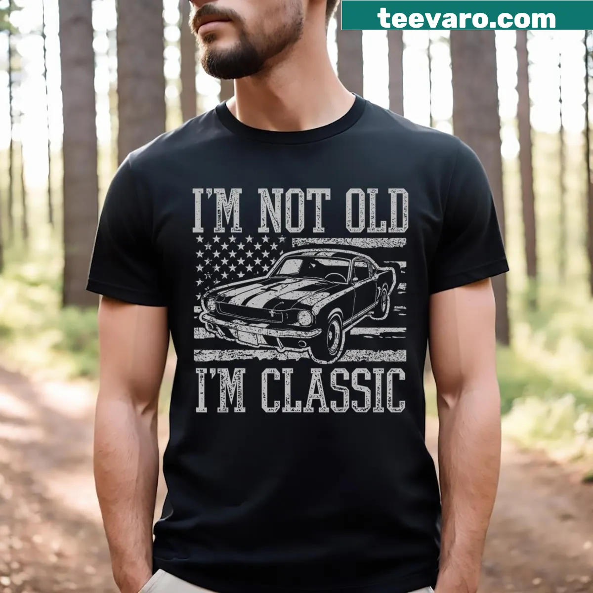 Text-based design stating 'I'm Not Old I'm Car Birthday' — on a men's t-shirt