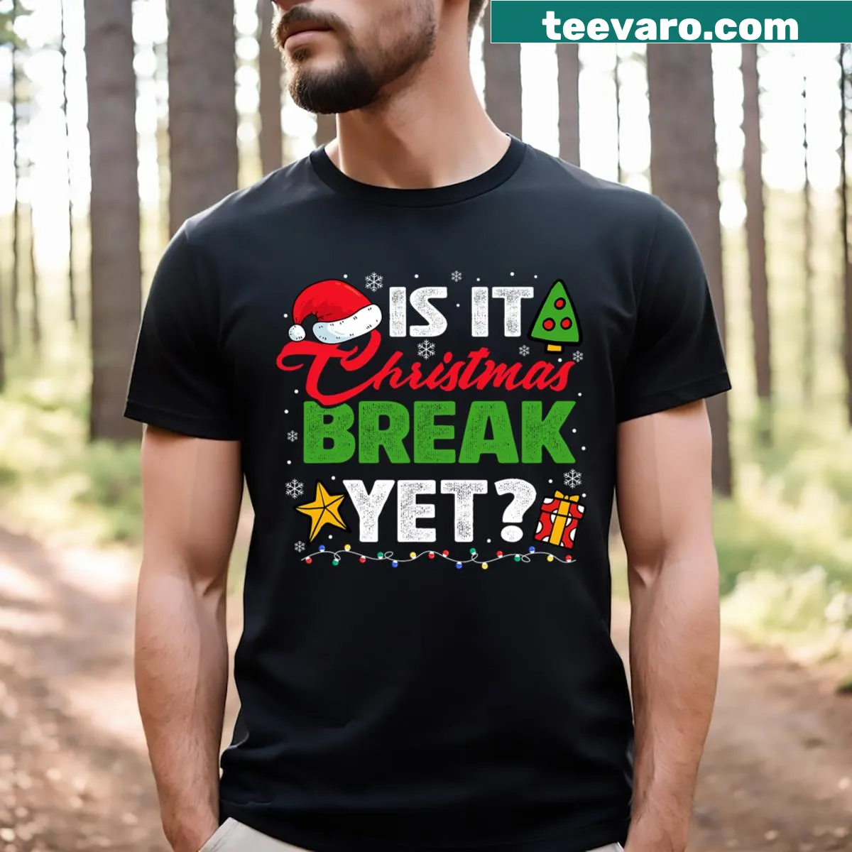 Funny teacher T-shirt with text asking about Christmas break — on a men's t-shirt