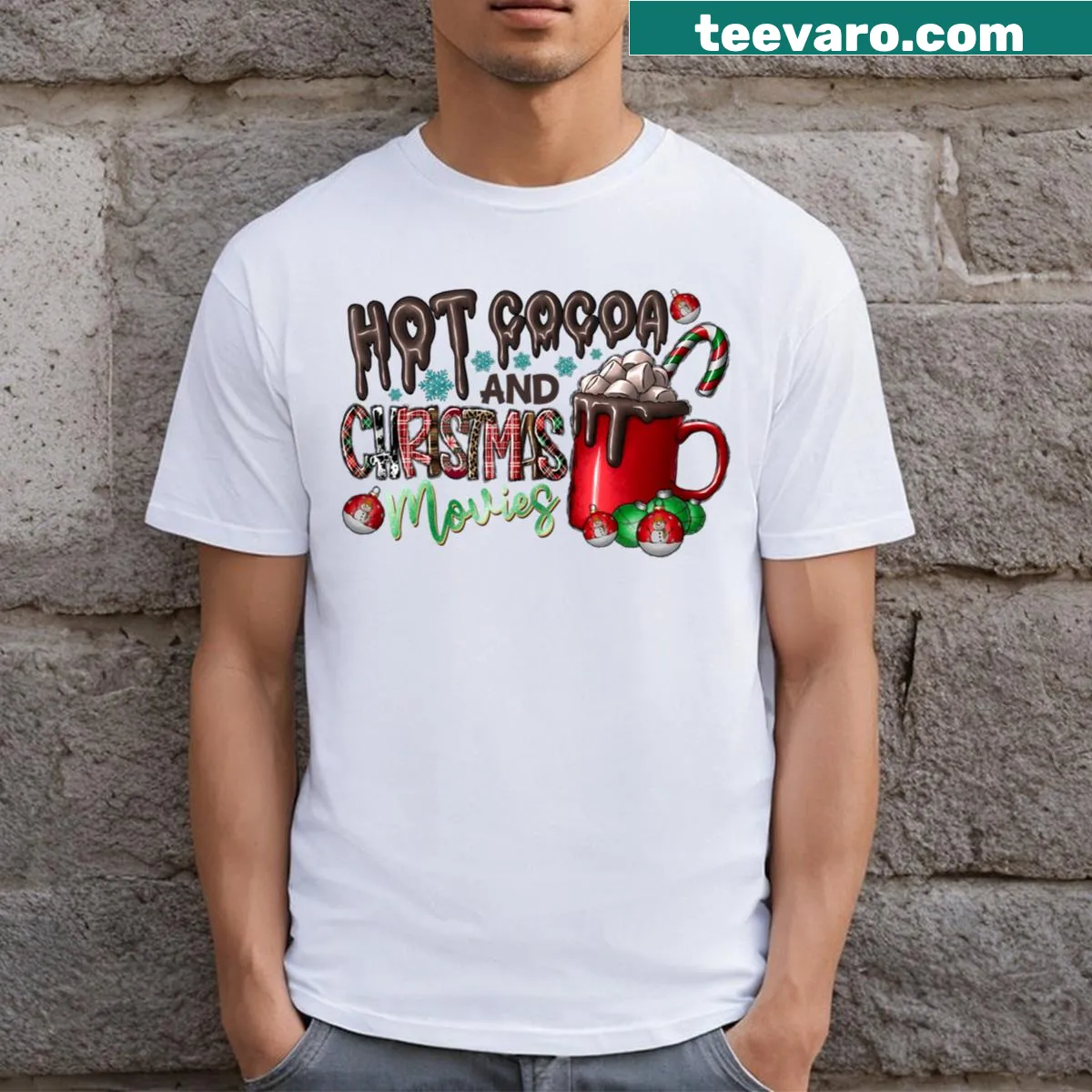 Charming t-shirt featuring hot cocoa design for holidays — on a men's t-shirt