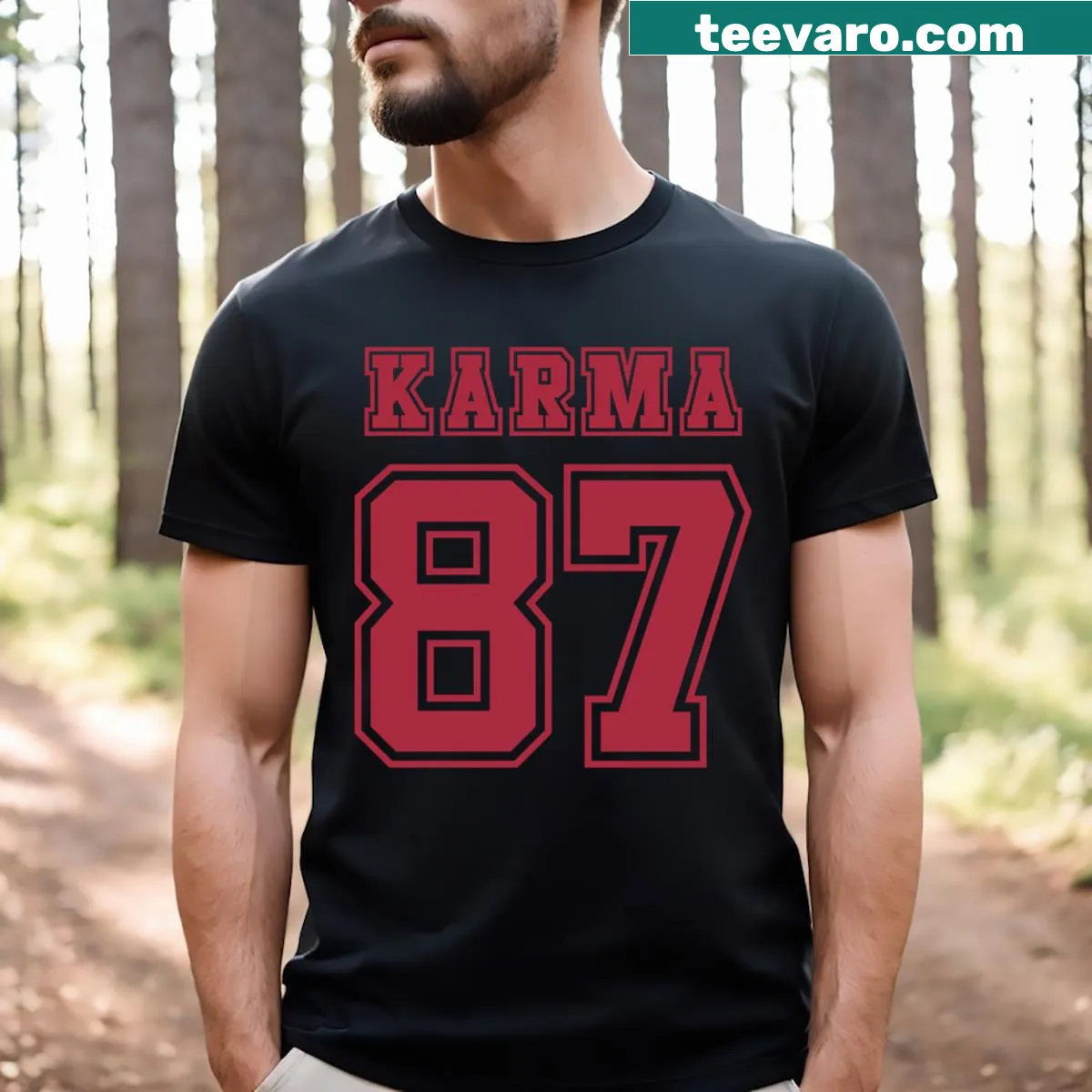 Sporty T-shirt with Karma 87 typography design — on a men's t-shirt
