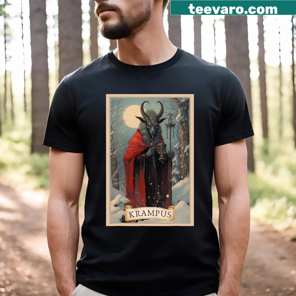 Krampus Tarot Card Design Christmas T-shirt with intricate graphic. — on a men's t-shirt