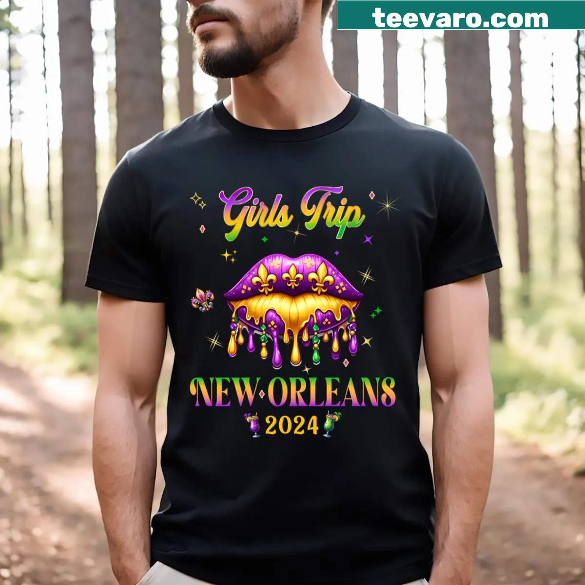 Mardi Gras Nola Trip T-shirt with fun graphic. — on a men's t-shirt