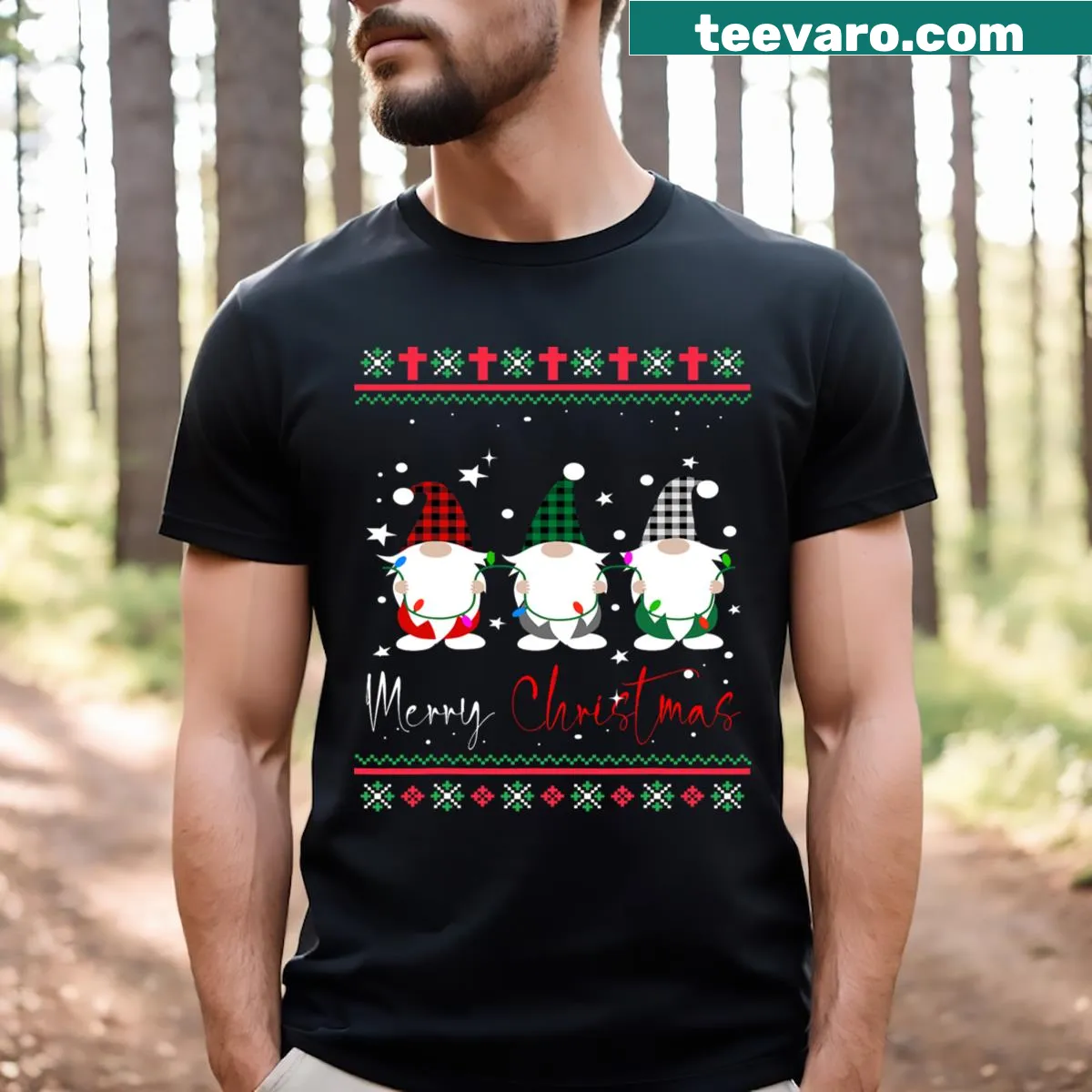 Leopard buffalo plaid Christmas graphic T-shirt — on a men's t-shirt