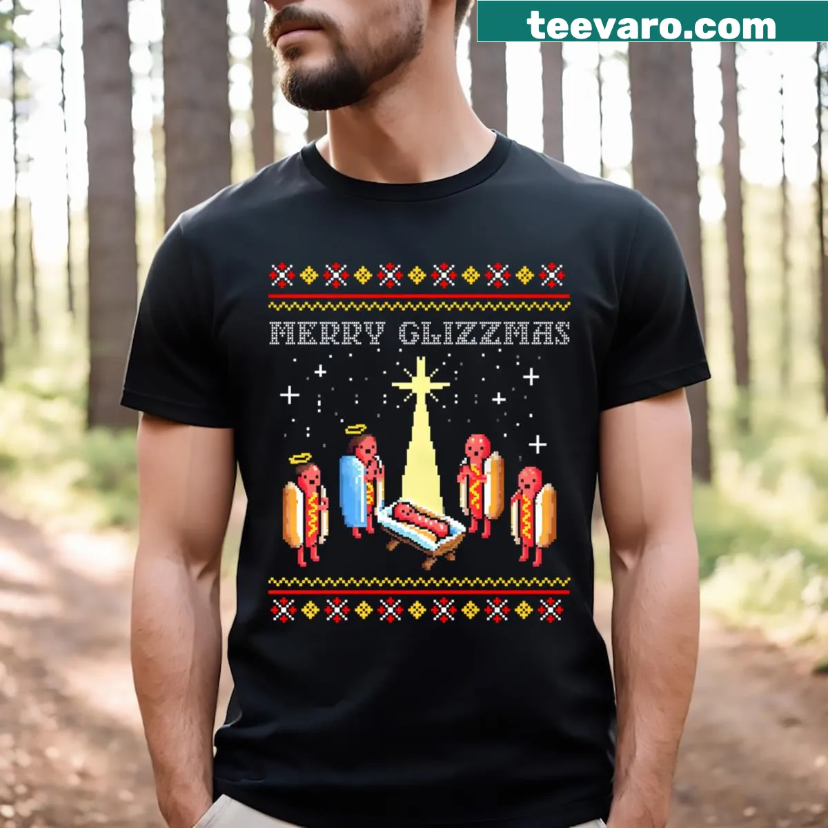 Funny Christmas T-shirt with hot dogs and 'Glizzmas' phrase — on a men's t-shirt