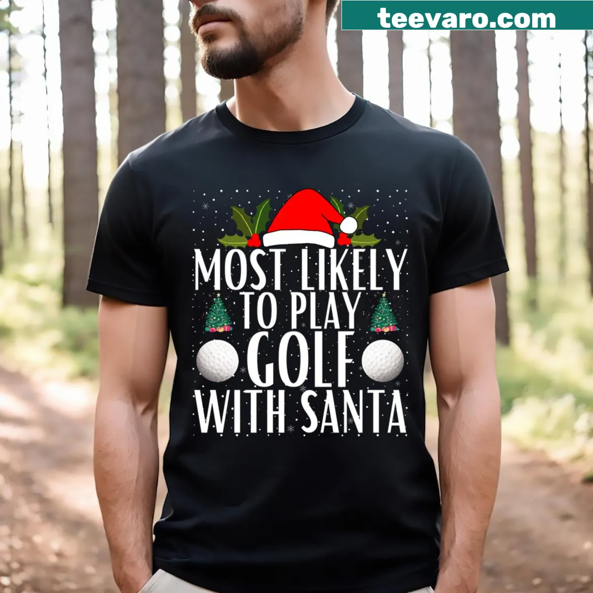 Funny golf-themed Christmas family tee with Santa design. — on a men's t-shirt