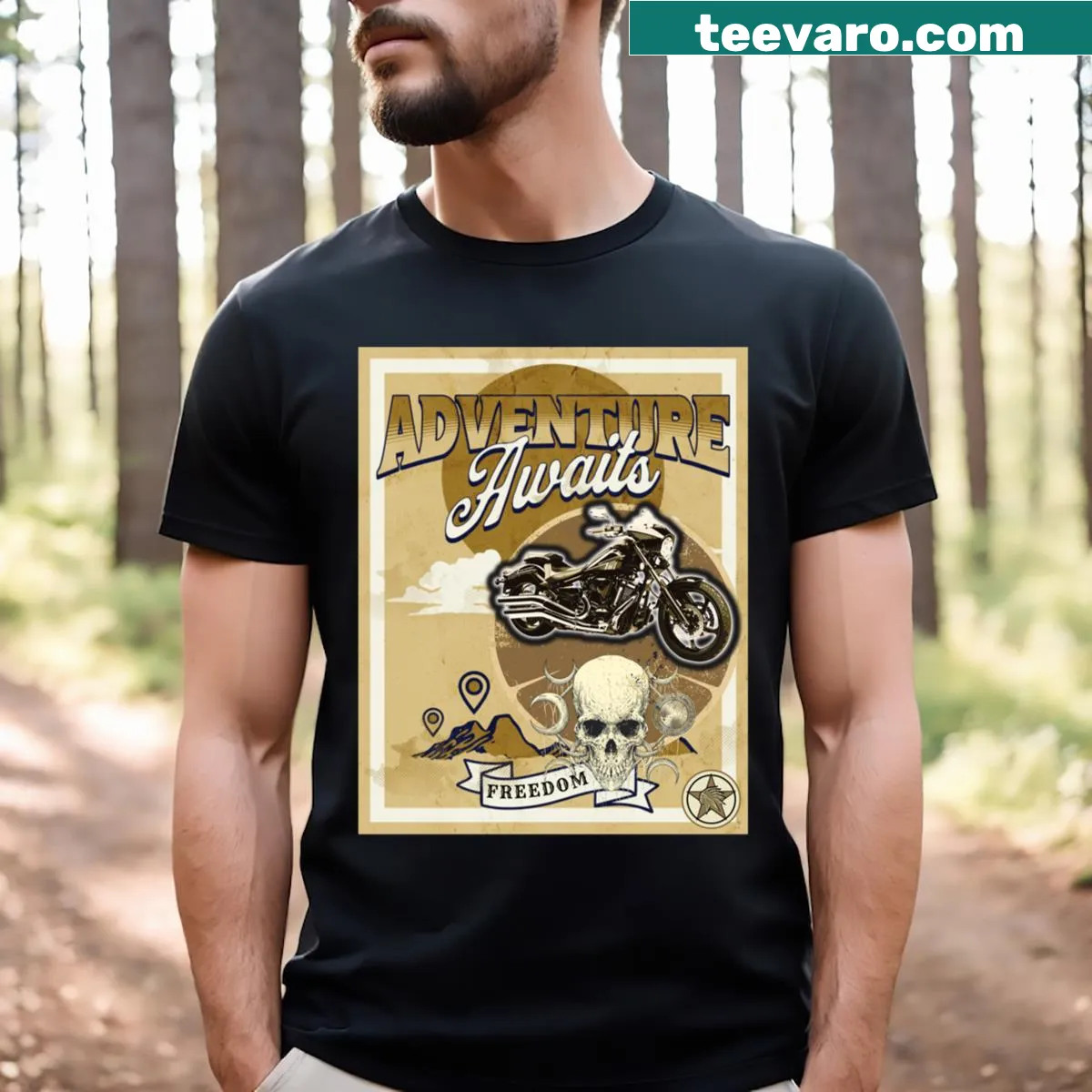 Adventure-themed motorcycle t-shirt with Yamaha XV Cruiser design — on a men's t-shirt