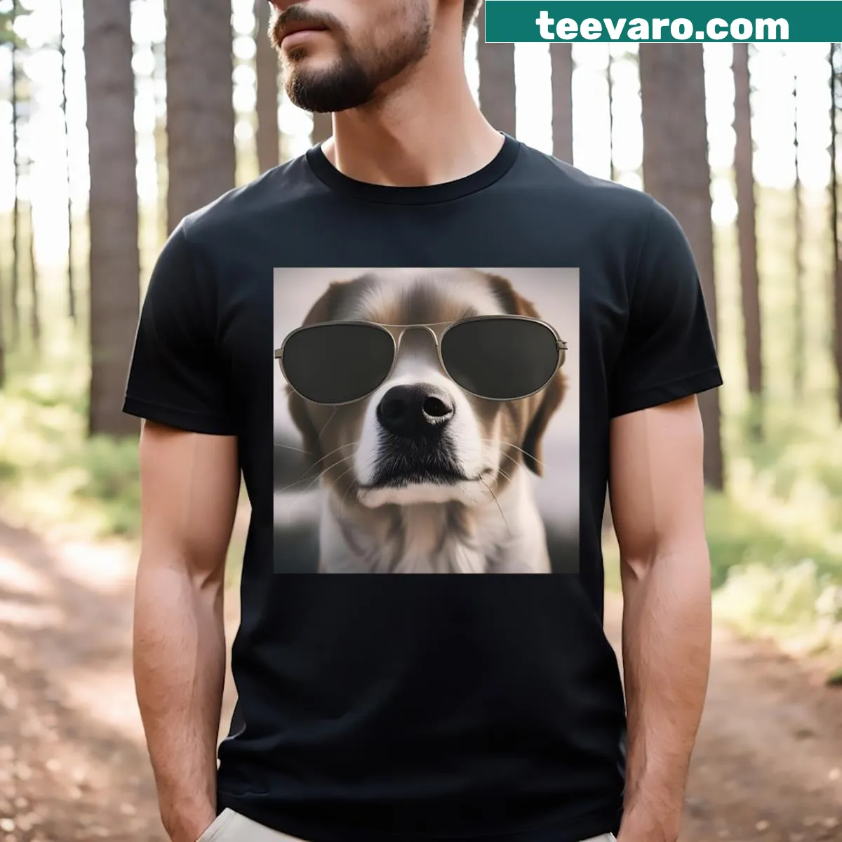 Cartoon mutt wearing shades on T-shirt — on a men's t-shirt