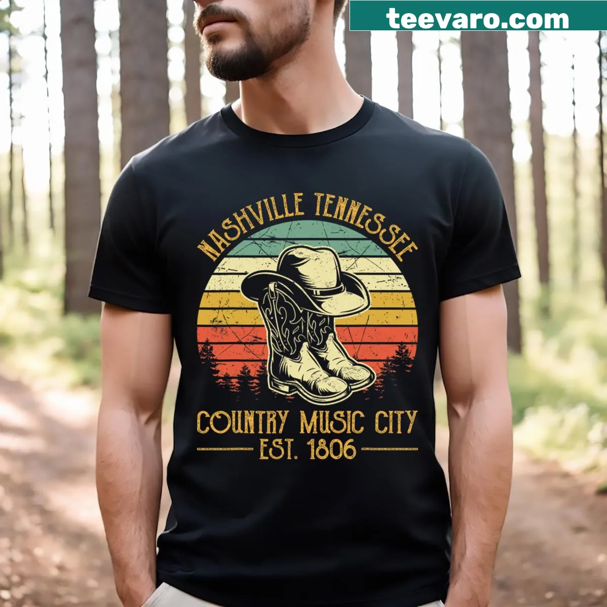 T-shirt representing Nashville with cowboy boots and hats for country music lovers — on a men's t-shirt
