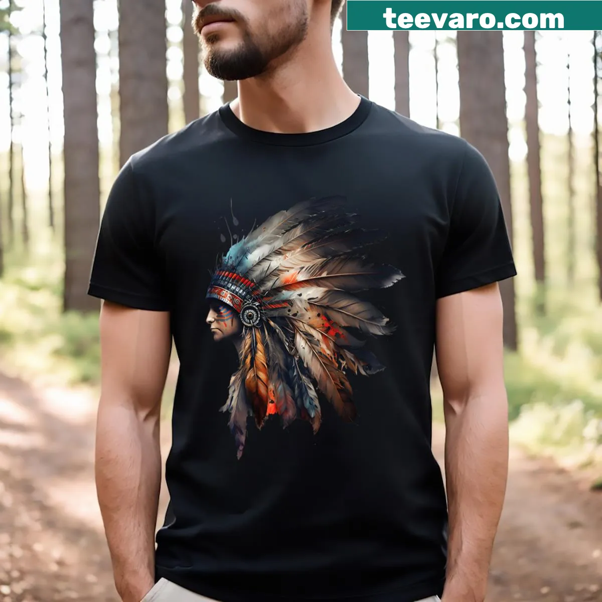 Native American headpiece and feathers graphic on a men's t-shirt — on a men's t-shirt