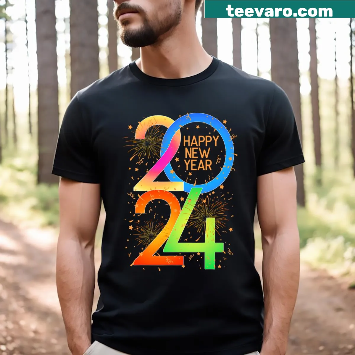 New Year's Eve 2024 party t-shirt with vibrant typography — on a men's t-shirt