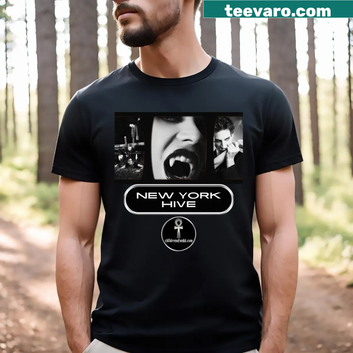 Children Of Ankh Universe T-shirt featuring a whimsical hive design — on a men's t-shirt