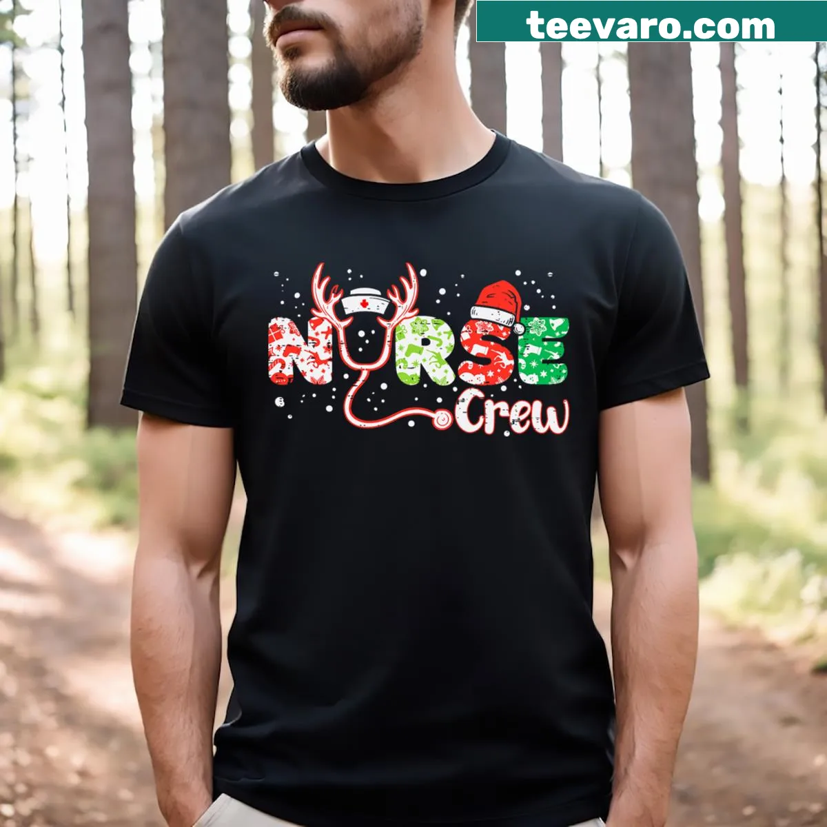 Christmas scrub top t-shirt for nurses featuring stethoscope design — on a men's t-shirt