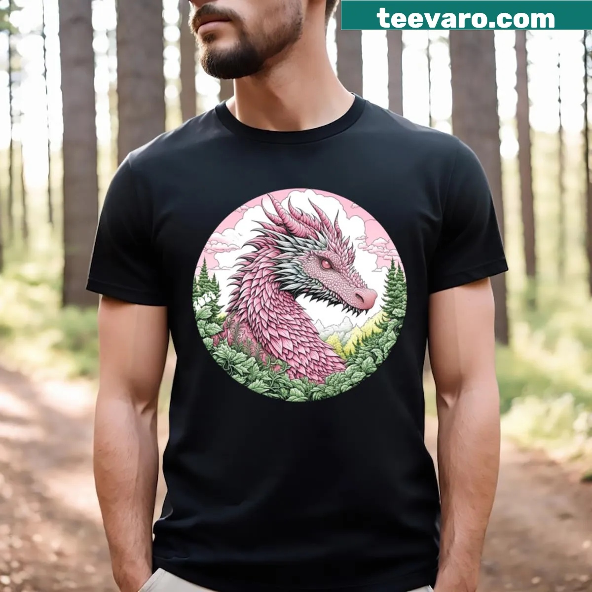 Whimsical T-shirt featuring a cute pink dragon design — on a men's t-shirt