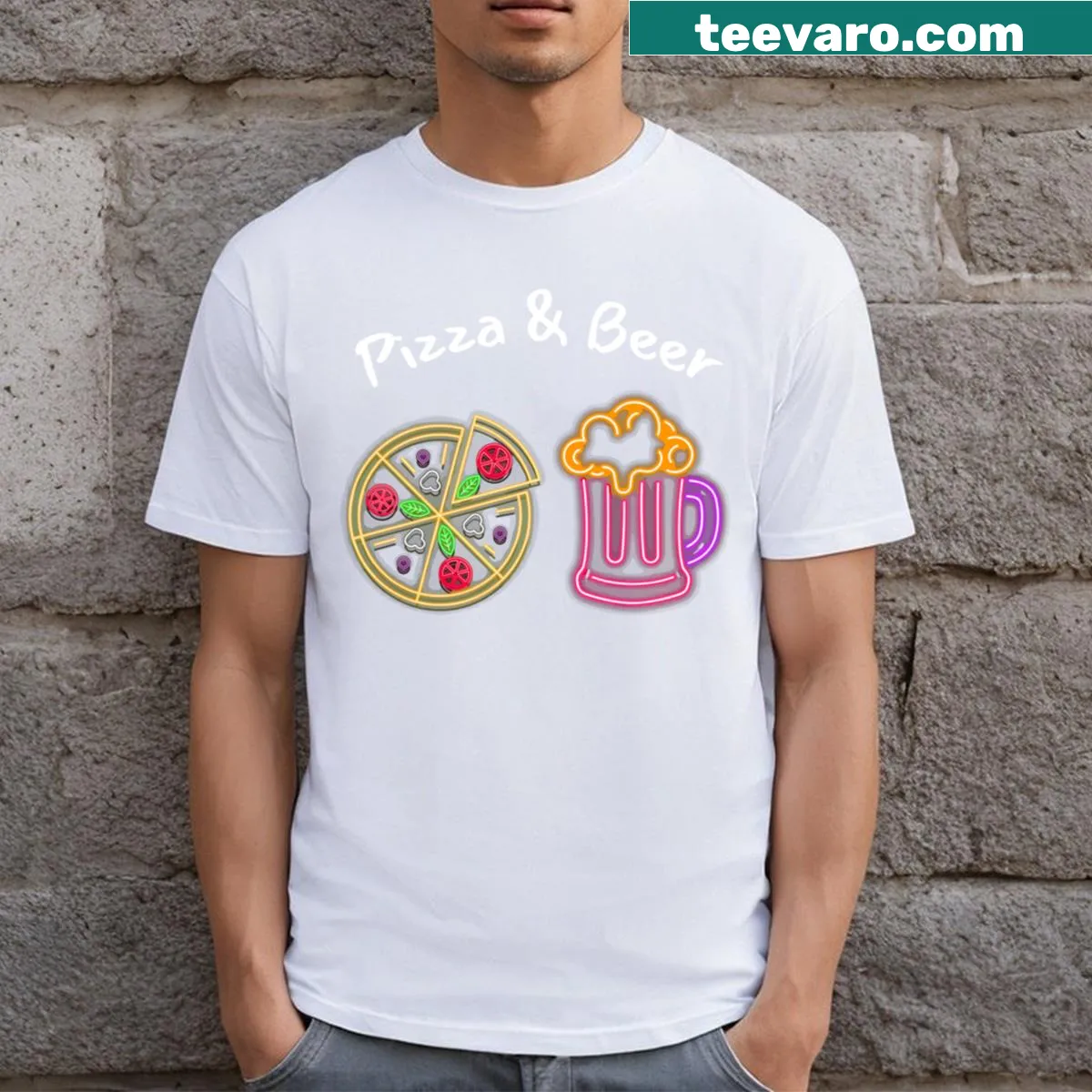 Pizza and Beer themed humorous T-shirt — on a men's t-shirt