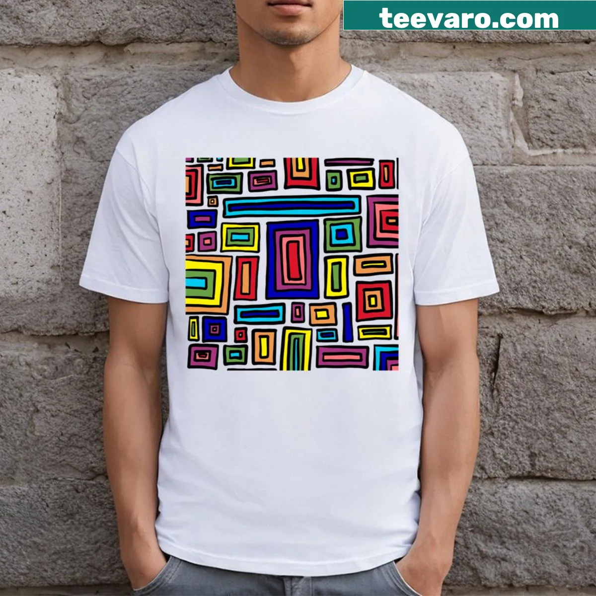 Abstract retro rectangle design T-shirt with a minimalist style — on a men's t-shirt