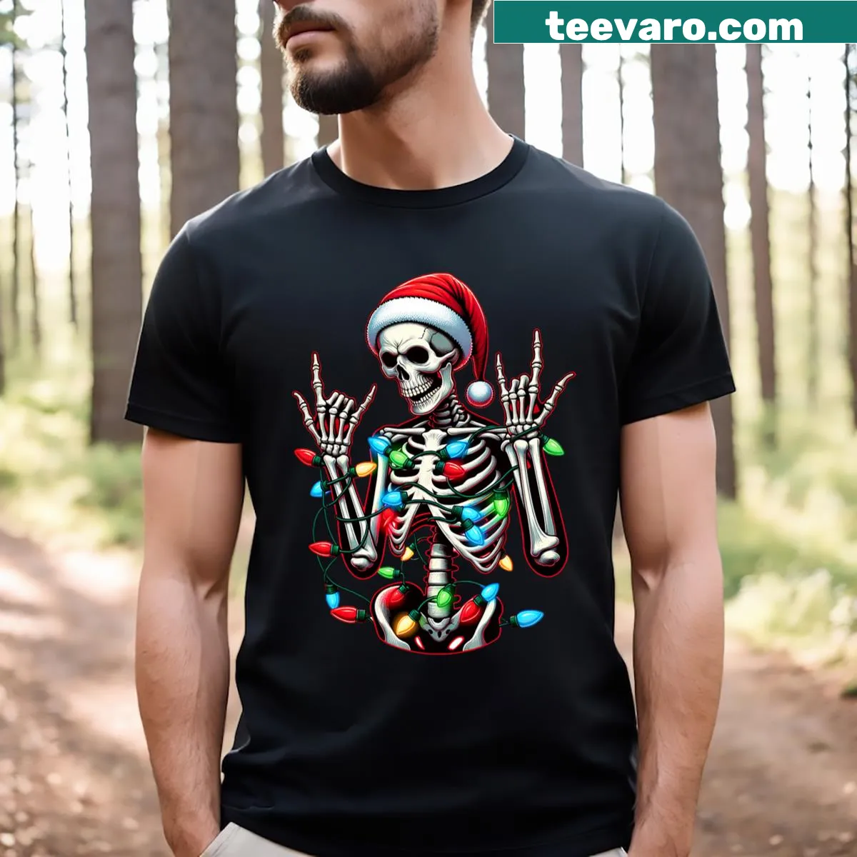 Skeleton Santa with rock n roll hand gesture on Christmas t-shirt — on a men's t-shirt