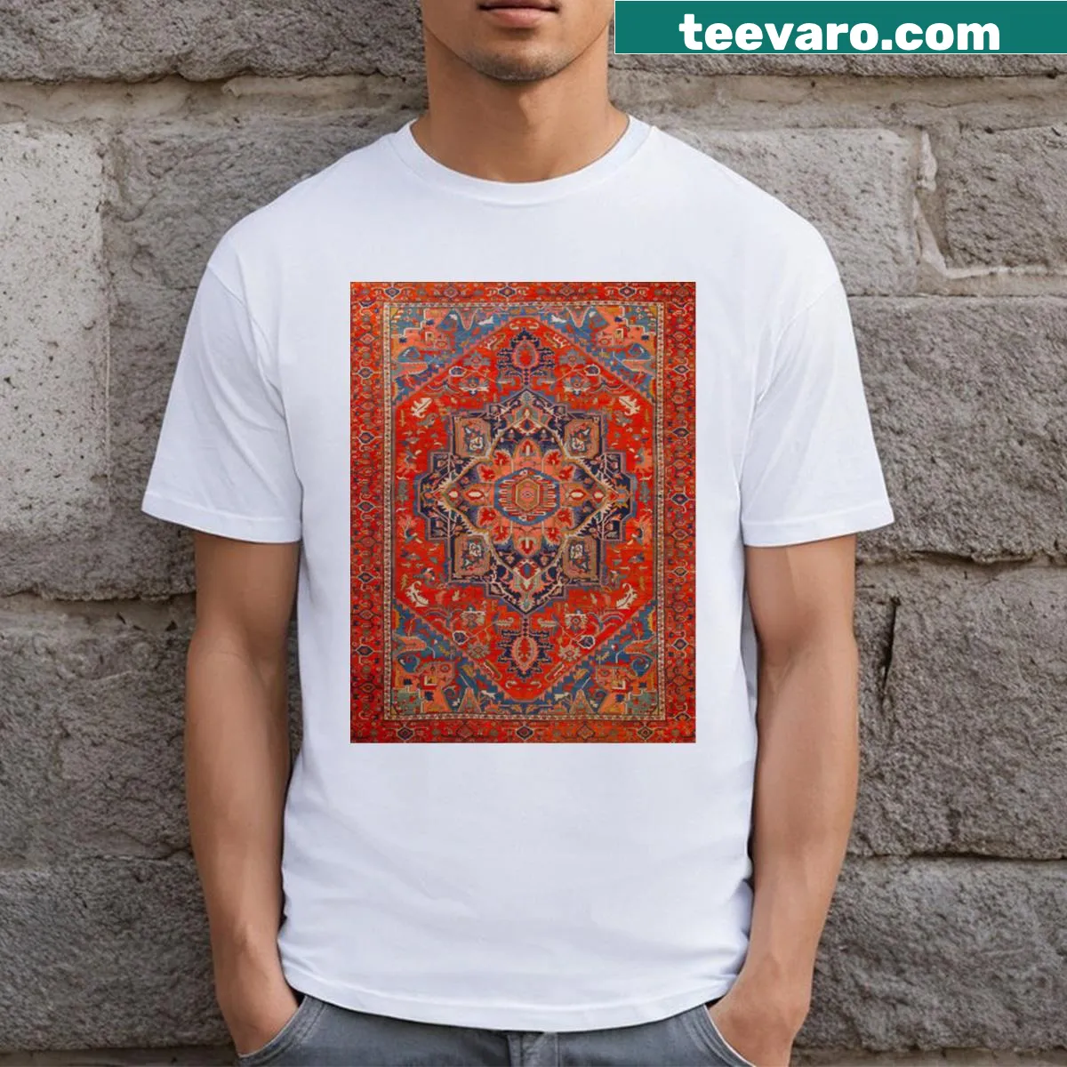 Antique Persian rug-inspired t-shirt with intricate tribal patterns — on a men's t-shirt