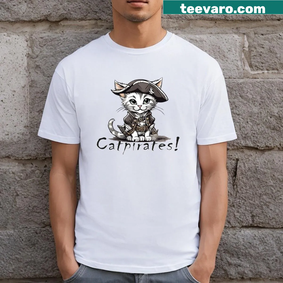 Cute kitten dressed as a pirate on a t-shirt — on a men's t-shirt