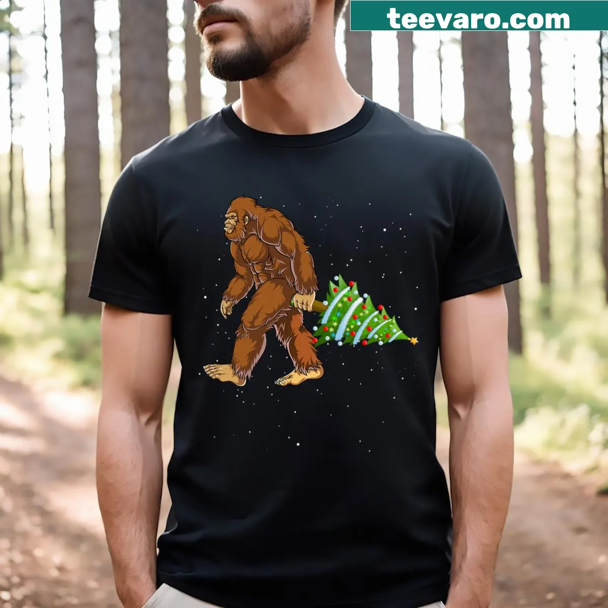 Funny Bigfoot Santa graphic with Christmas lights on a t-shirt — on a men's t-shirt
