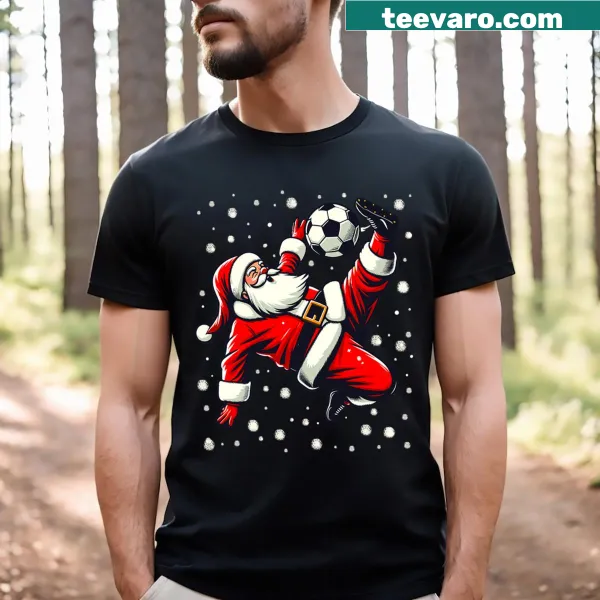 Cartoon Santa performing a bicycle kick on a festive t-shirt