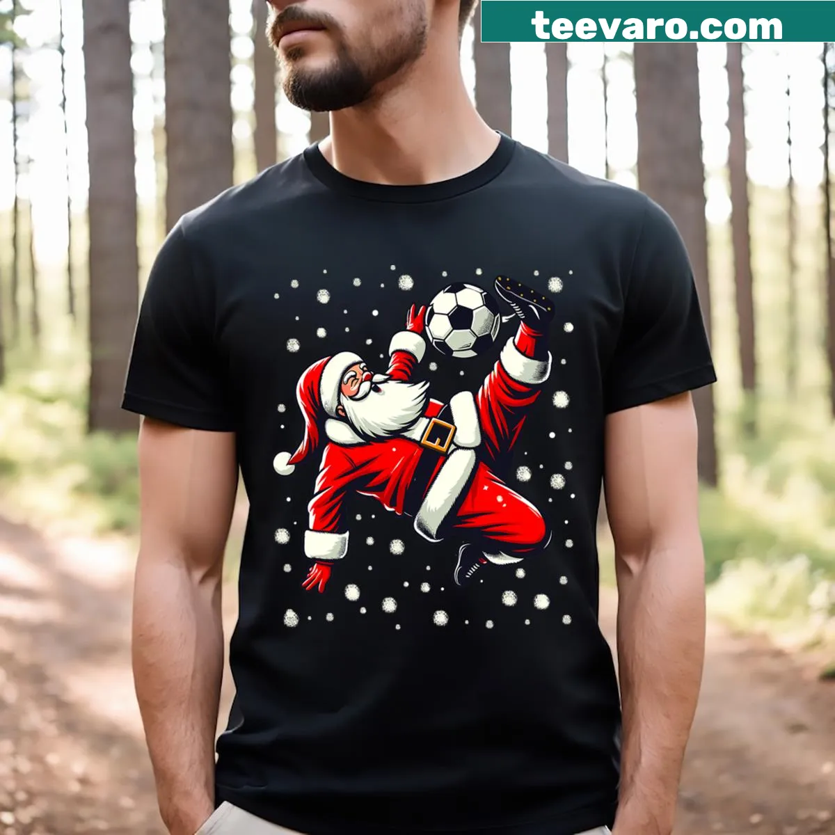 Cartoon Santa performing a bicycle kick on a festive t-shirt — on a men's t-shirt