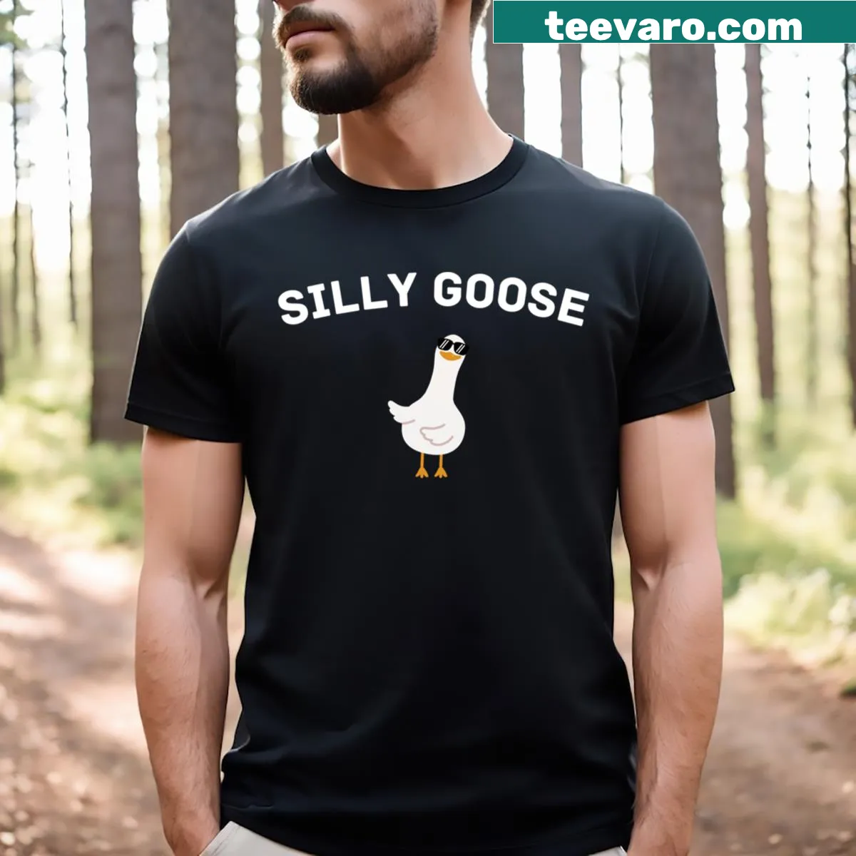 Playful cartoon-style T-shirt featuring the phrase 'Silly Goose' — on a men's t-shirt