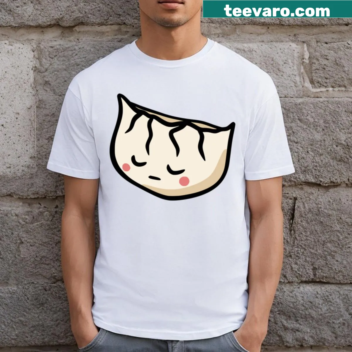 Kawaii-style T-shirt featuring a sleepy dumpling character — on a men's t-shirt