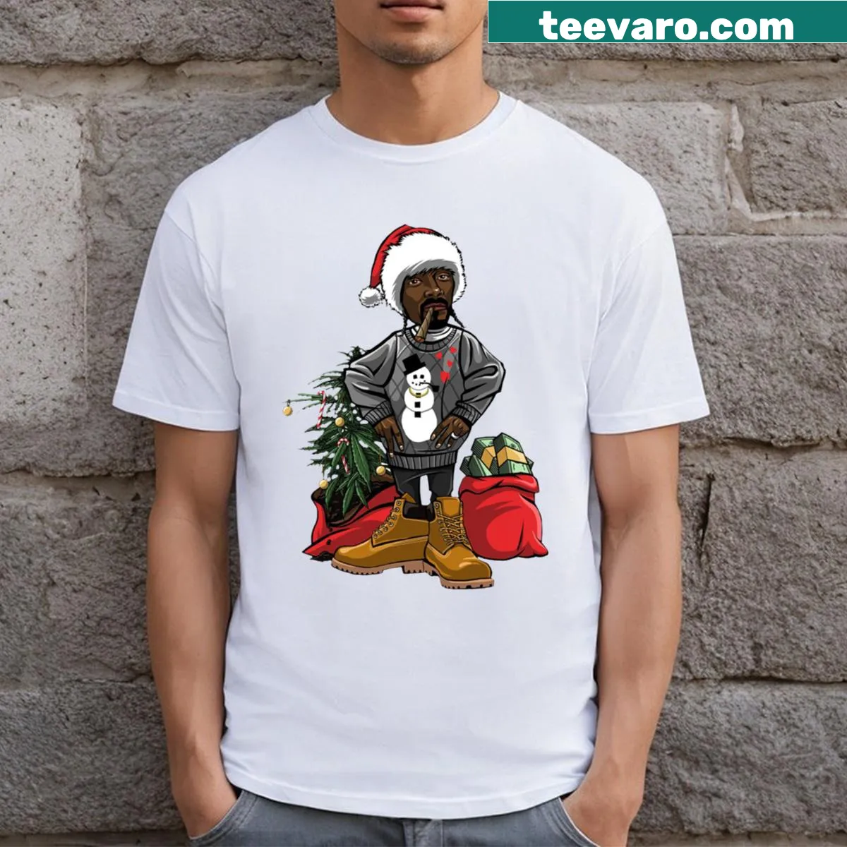 Illustration of Snoop Dogg in Christmas attire — on a men's t-shirt