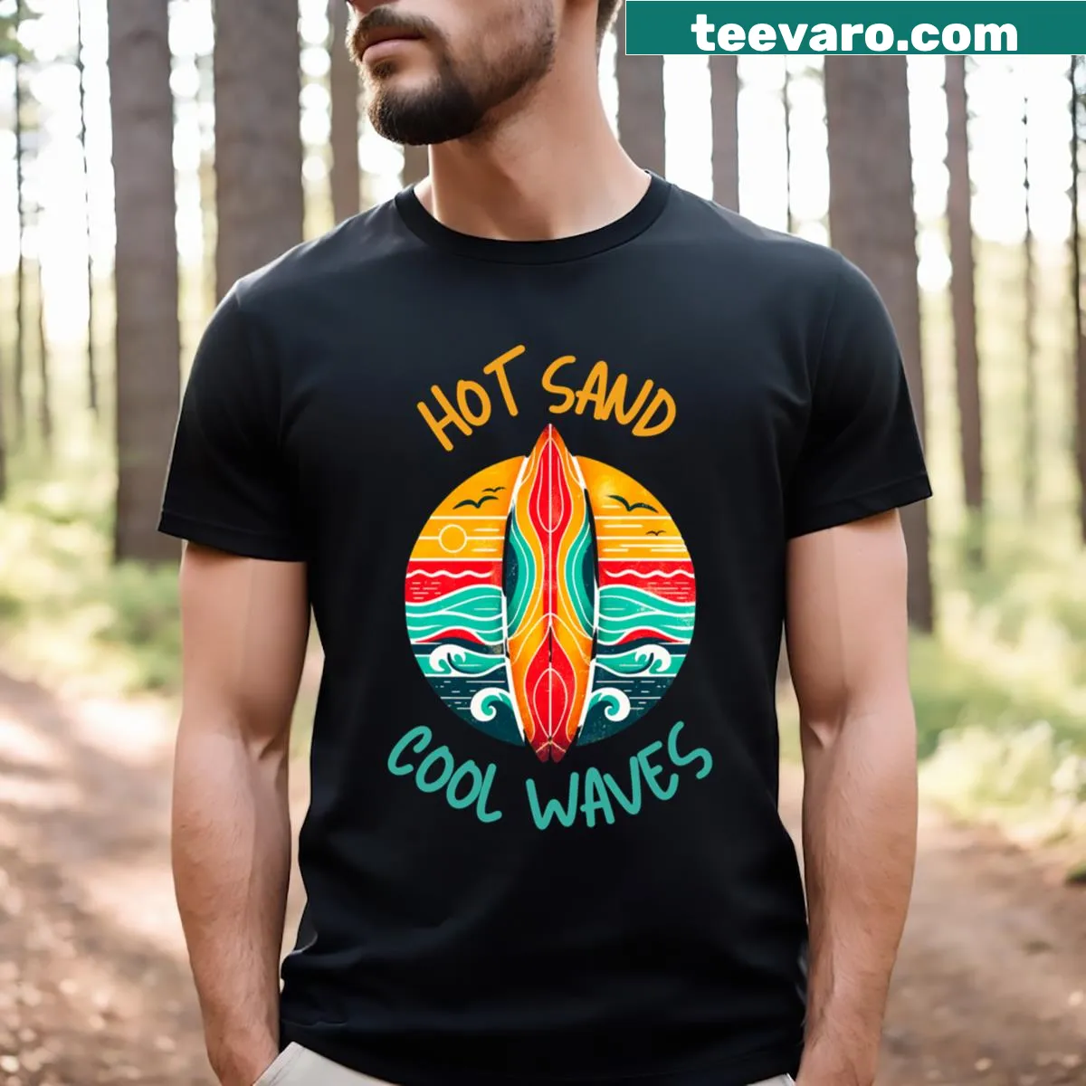 Beach-themed illustration with surfboards and waves on a T-shirt — on a men's t-shirt