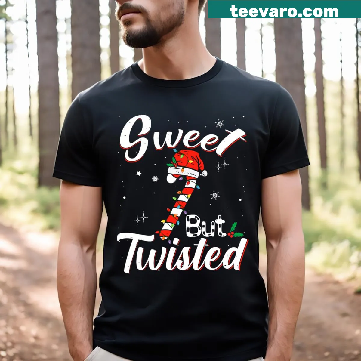 Funny holiday-themed illustration with candy canes on a T-shirt — on a men's t-shirt