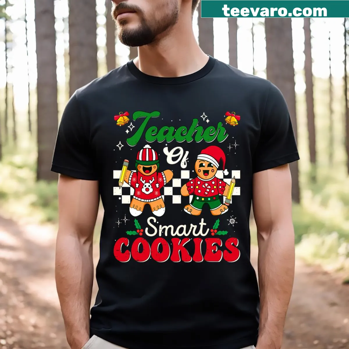 Cute gingerbread design with 'Teacher Of Smart Cookies' text — on a men's t-shirt